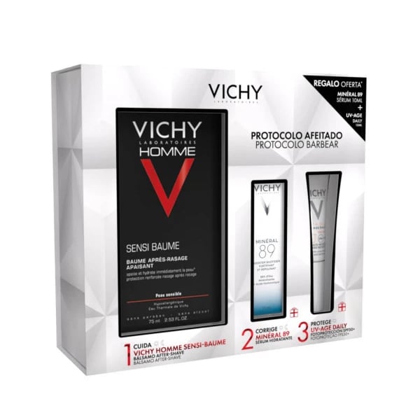 Vichy Homme Coffret Sensi Bálsamo 75 ml oferta Mineral 89 10 ml + UV-Age Daily SPF50+ 15 ml