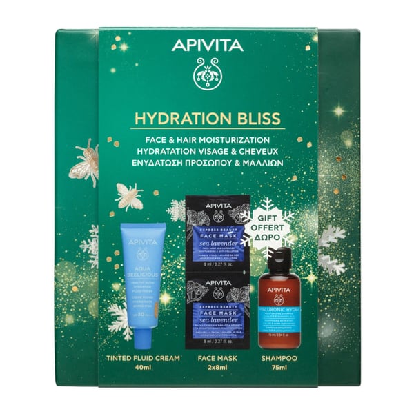 Apivita Aqua Bee Fluído Hidratante com cor 40Ml + Oferta Champô Hidratante 75 ml + Máscara de rosto 2 x 8 ml