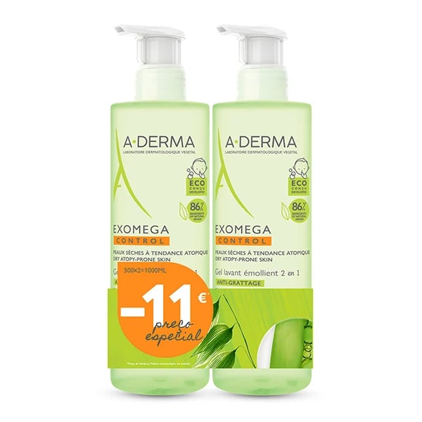 A-Derma Exomega Control Duo Gel para corpo e cabelo 2 x 500 ml com Desconto de 10 €